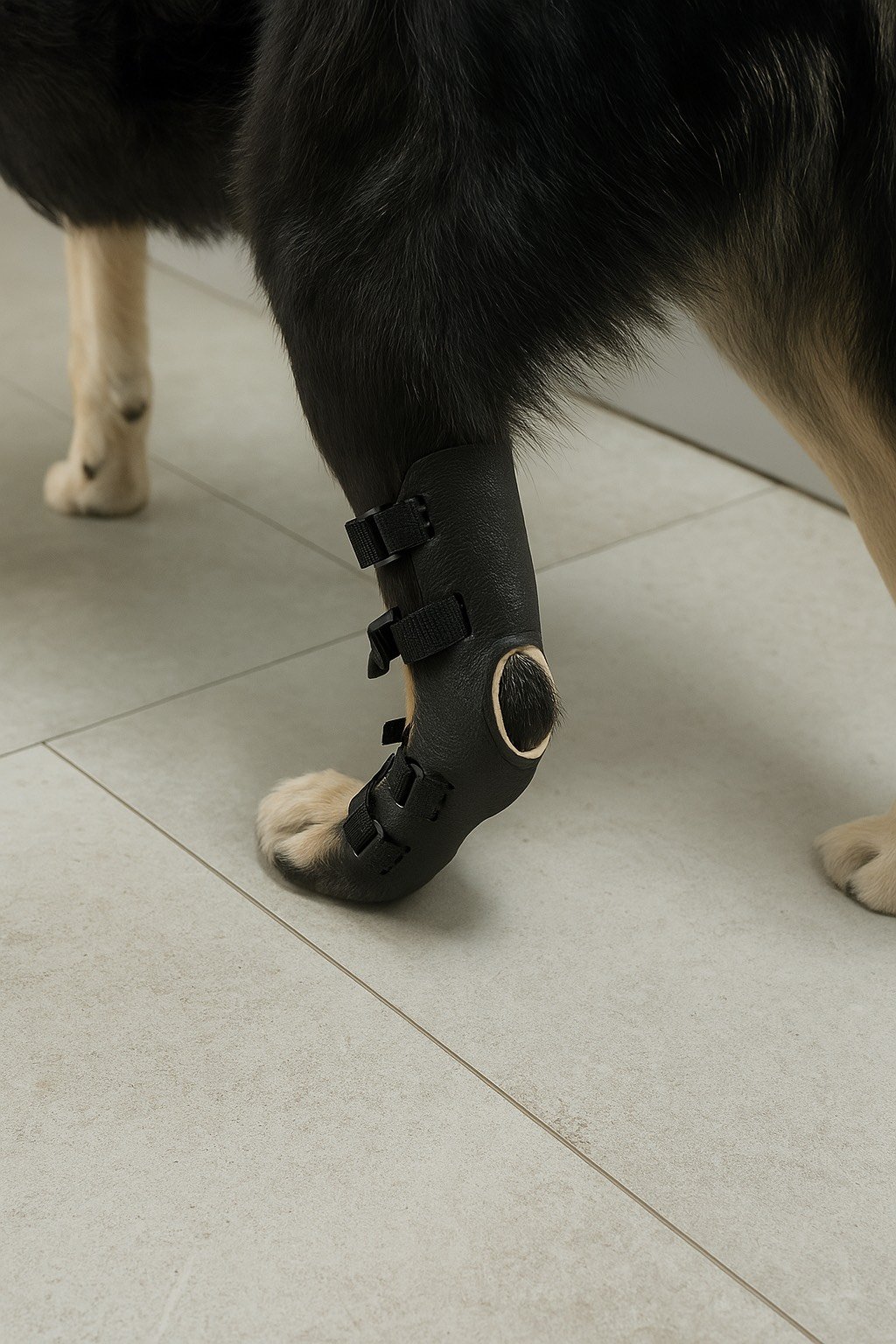 Šuo su individualiai pritaikytu galūnės įtvaru